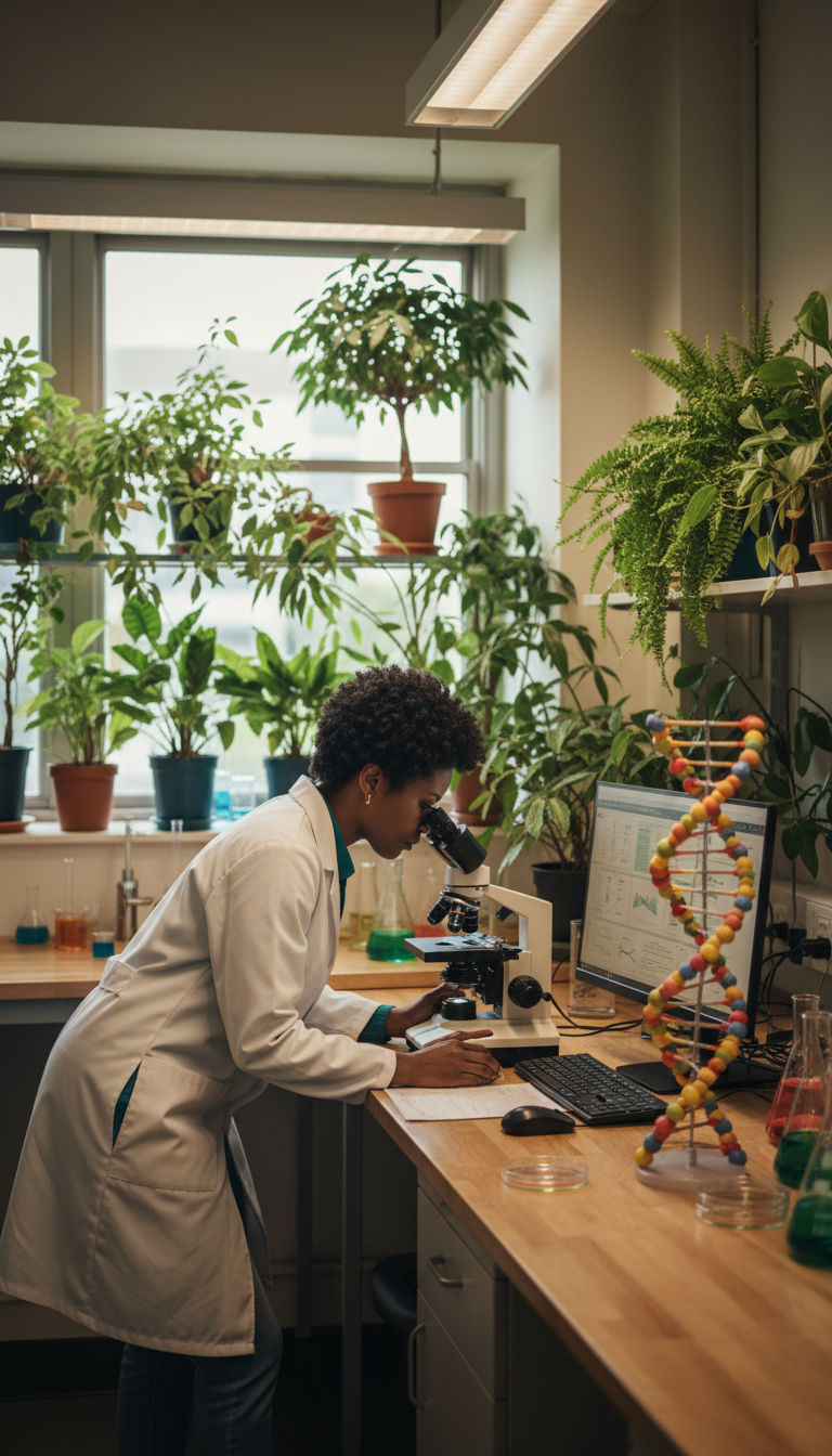 a black woman with short hair peering into a microscope, with a bunch of plants behind her, a computer next to her, and a model structure of DNA
