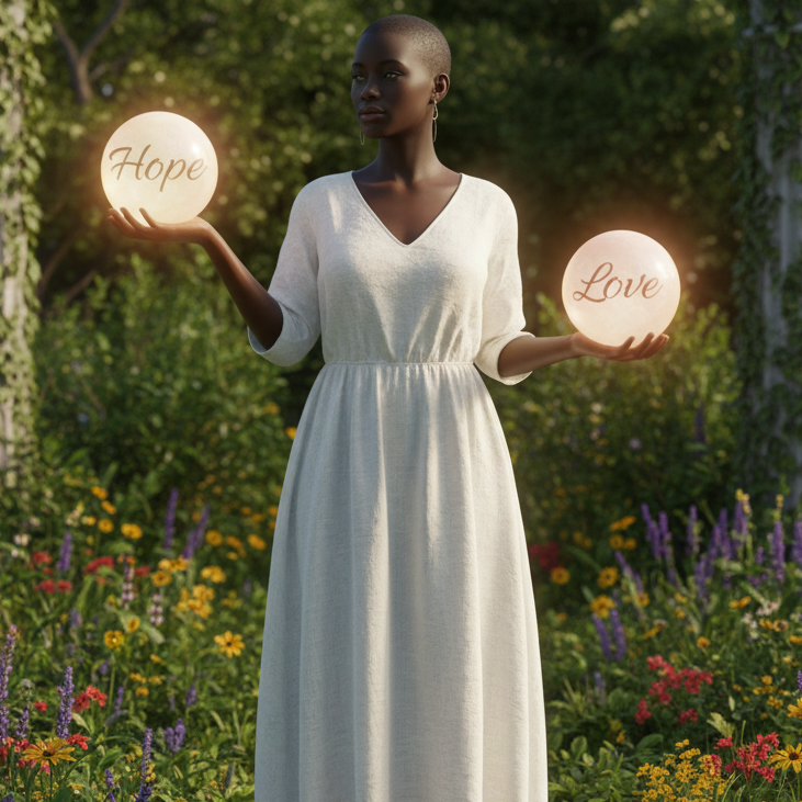 a Black woman with a buzz cut and small dangly earrings, holding hope in her left hand, love in her right hand, and 'faith' near her feet; all other image features unchanged