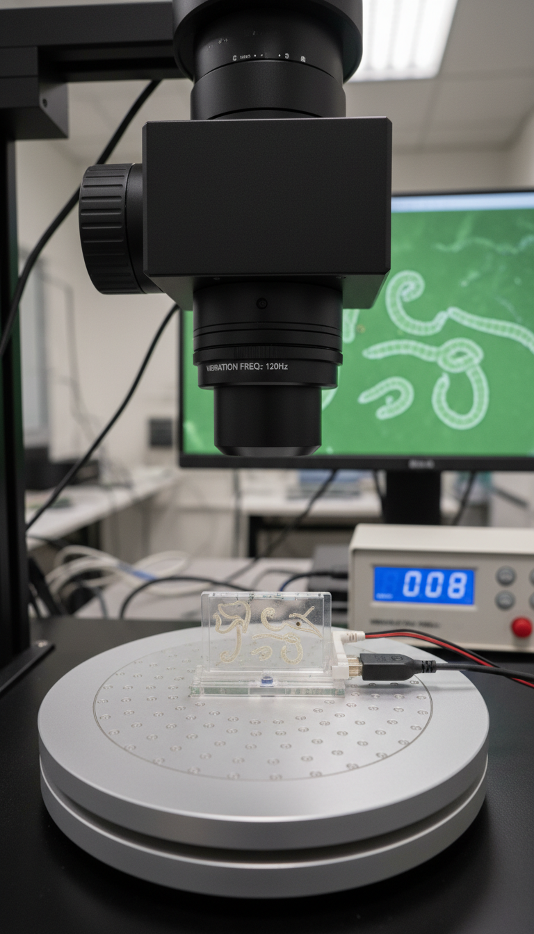 c. elegans sleep assay with worms in a small microfluidic chip, being vibrated to disturb their sleep, and a camera monitoring them