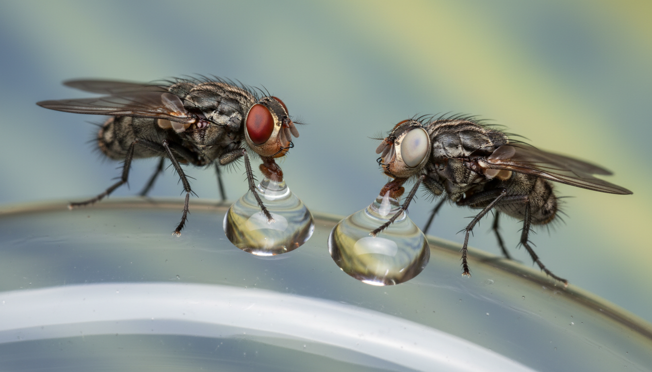 Enhance and regenerate an image of two fruit flies, one with red eyes and one with white, both drinking drops of sugar water. The illustration should be sharp, clear, and visually legible, with detailed features on both flies and distinct sugar water drops.