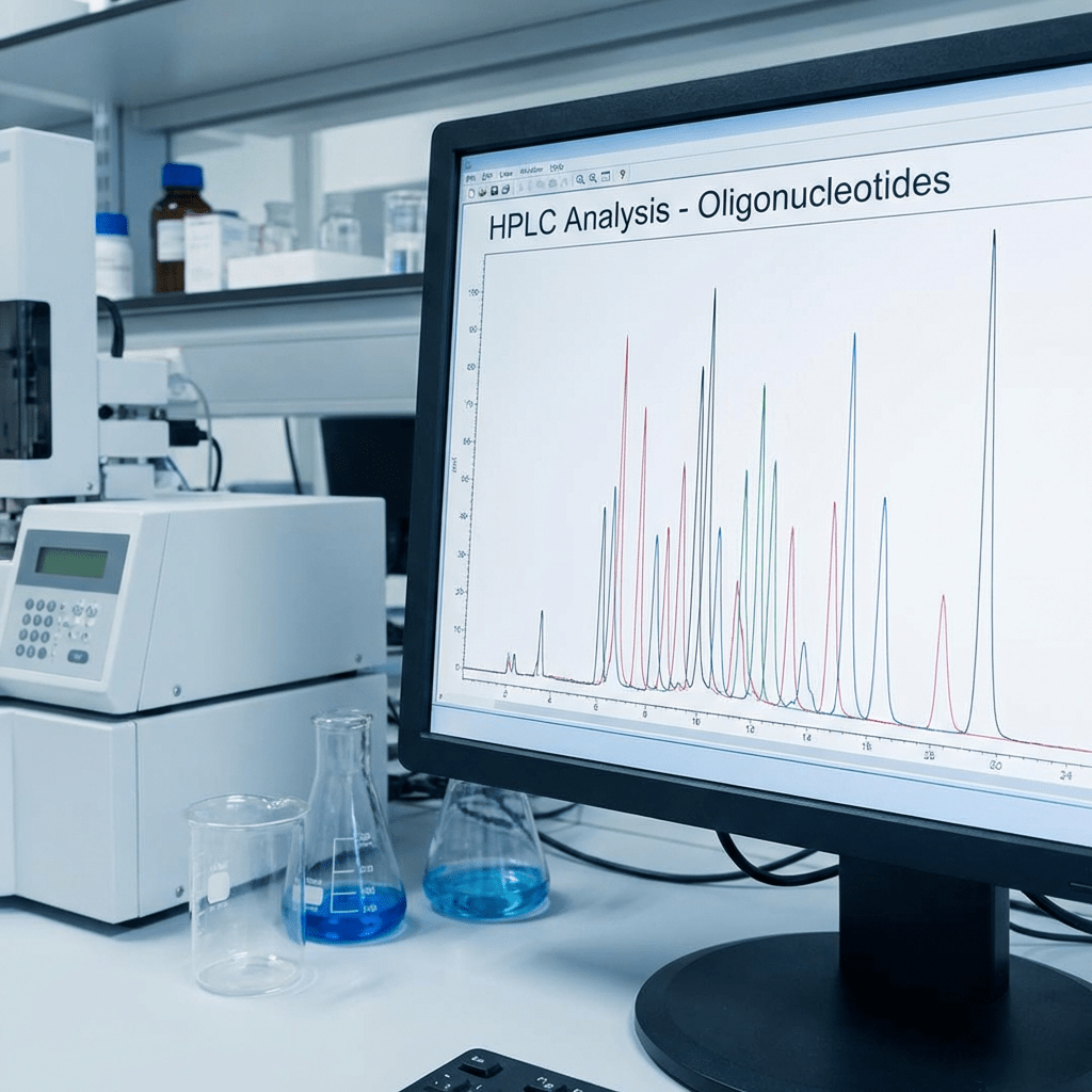 Computer monitor displaying an HPLC Analysis - Oligonucleotides chromatogram with multiple colored peaks.