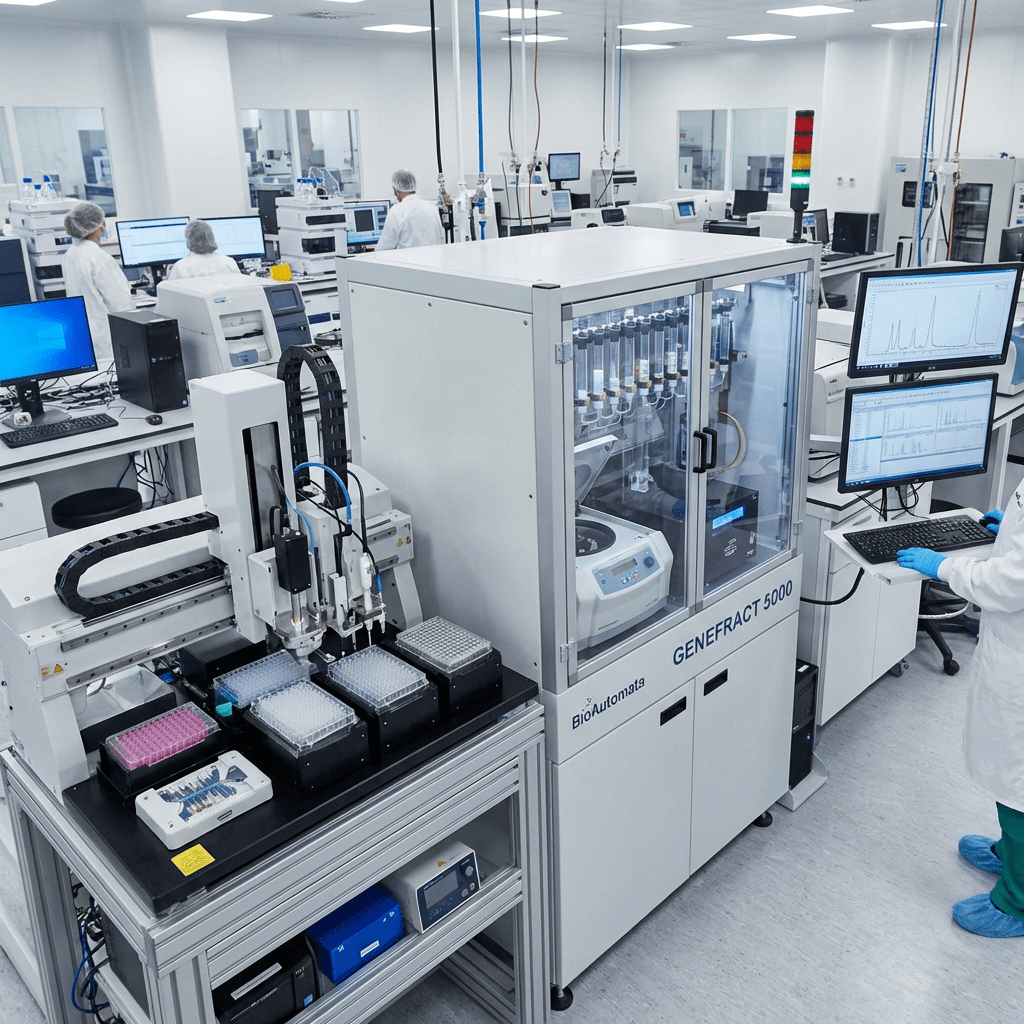 Lab technicians operating the BioAutomate GENEFRACT 5000 and automated liquid handling systems.