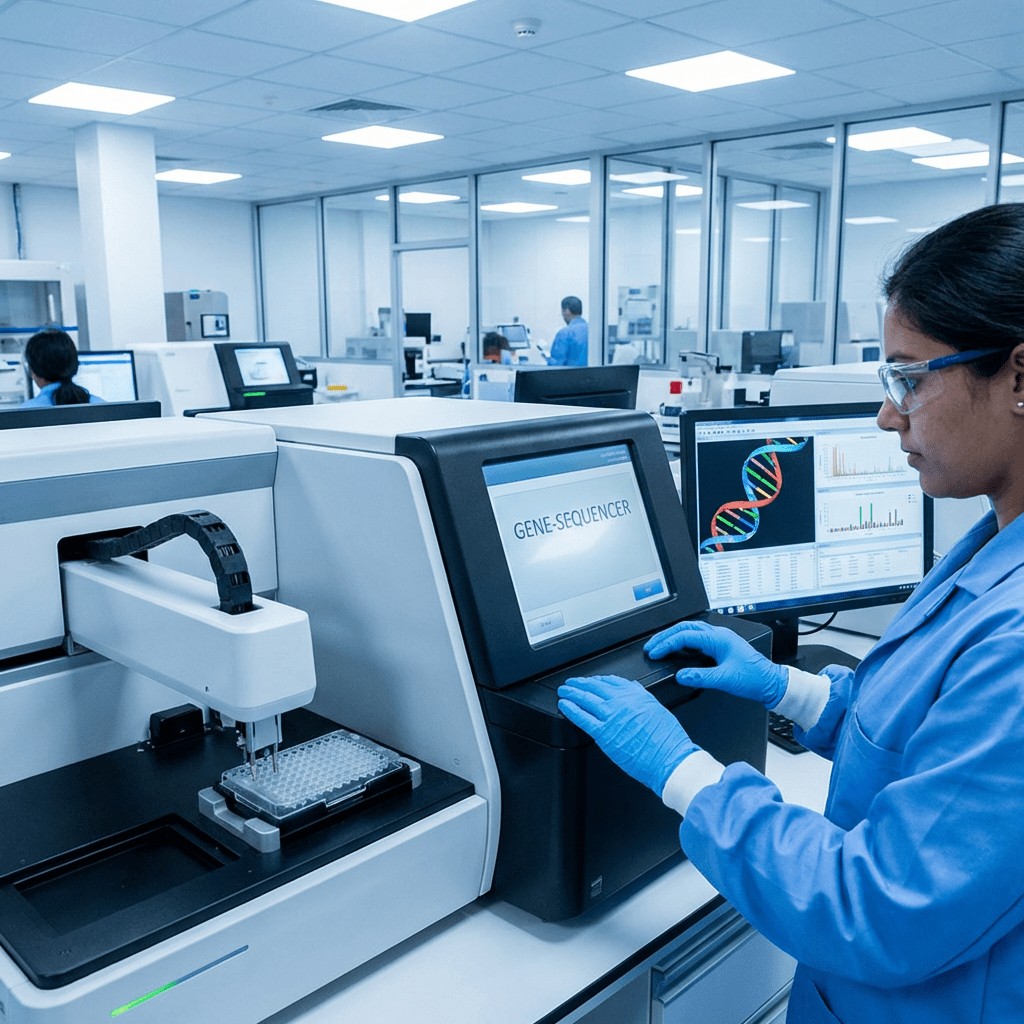 Scientist operating a GENE-SEQUENCER machine with a monitor displaying DNA data.