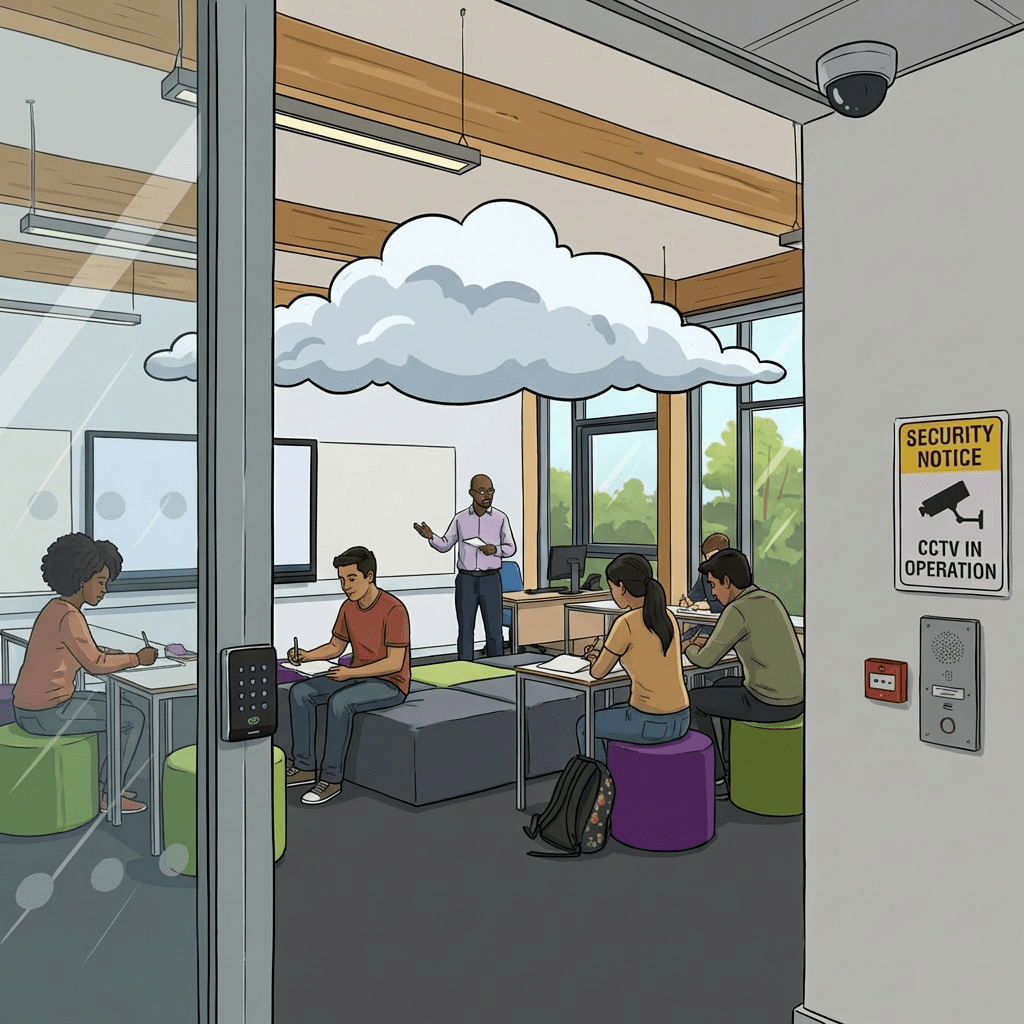 Teacher and students in a modern classroom with signage reading Security Notice CCTV In Operation.