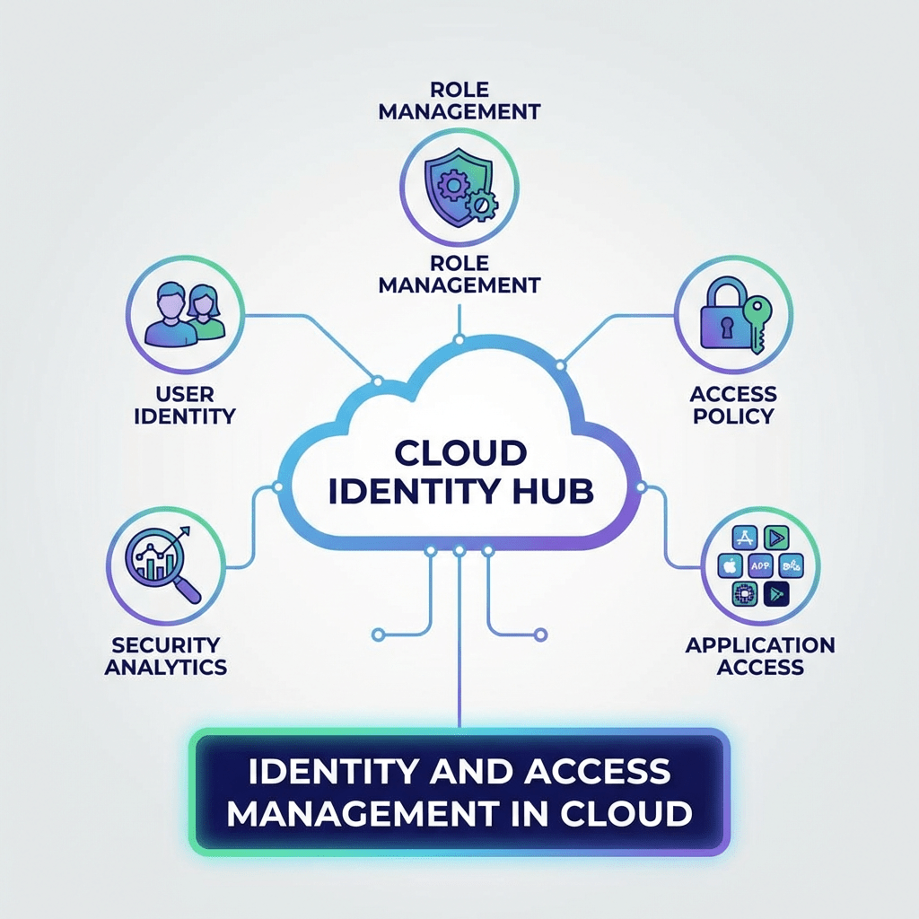 Diagram of IDENTITY AND ACCESS MANAGEMENT IN CLOUD showing CLOUD IDENTITY HUB, ROLE MANAGEMENT, ACCESS POLICY, APPLICATION ACCESS, SECURITY ANALYTICS, and USER IDENTITY.