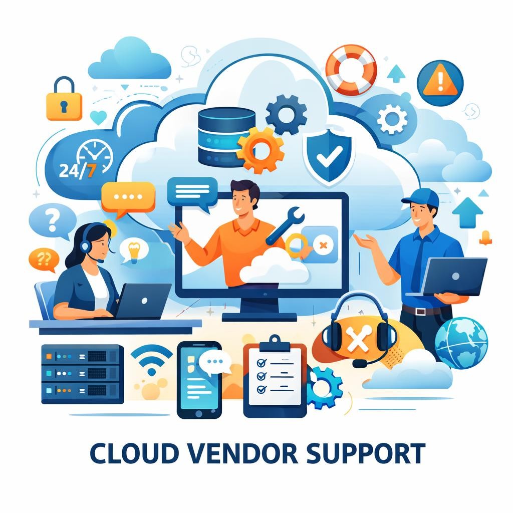 Cloud vendor support illustration with support agents, cloud icons, and technology symbols