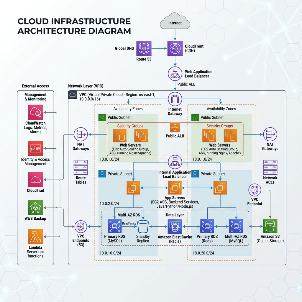 Cloud infrastructure diagram showing AWS components including VPC, subnets, load balancers, web and app servers, databases, and external access services.