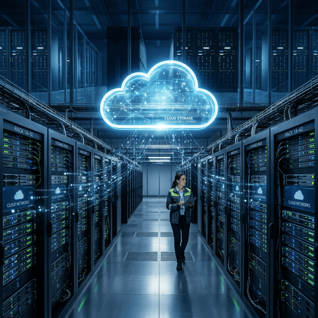 Technician walking between server racks in data center with cloud storage hologram