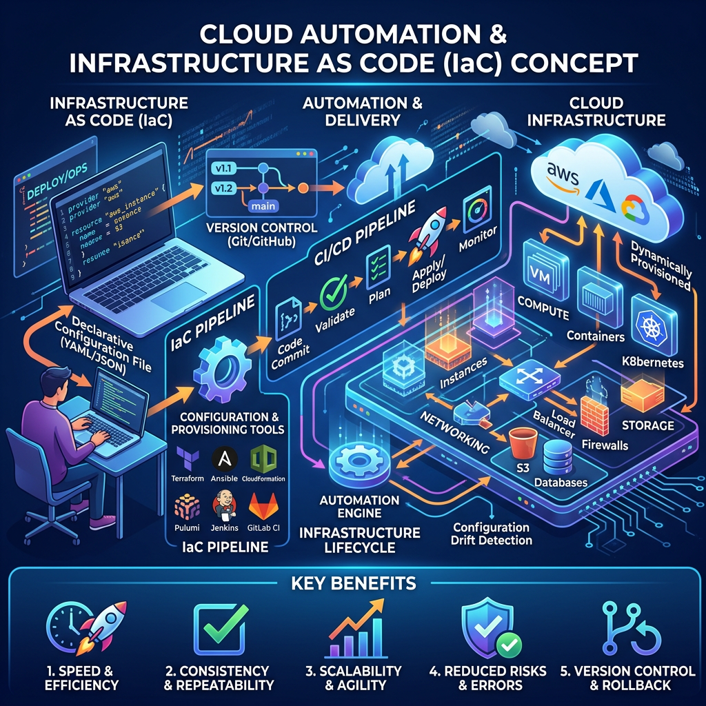 Cloud automation and Infrastructure as Code concept with IaC pipeline, CI/CD pipeline, cloud infrastructure components, and key benefits icons.