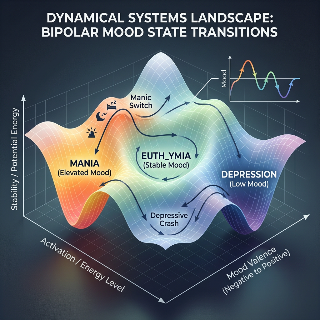 3D landscape showing bipolar mood states: mania, euthymia, and depression with transitions