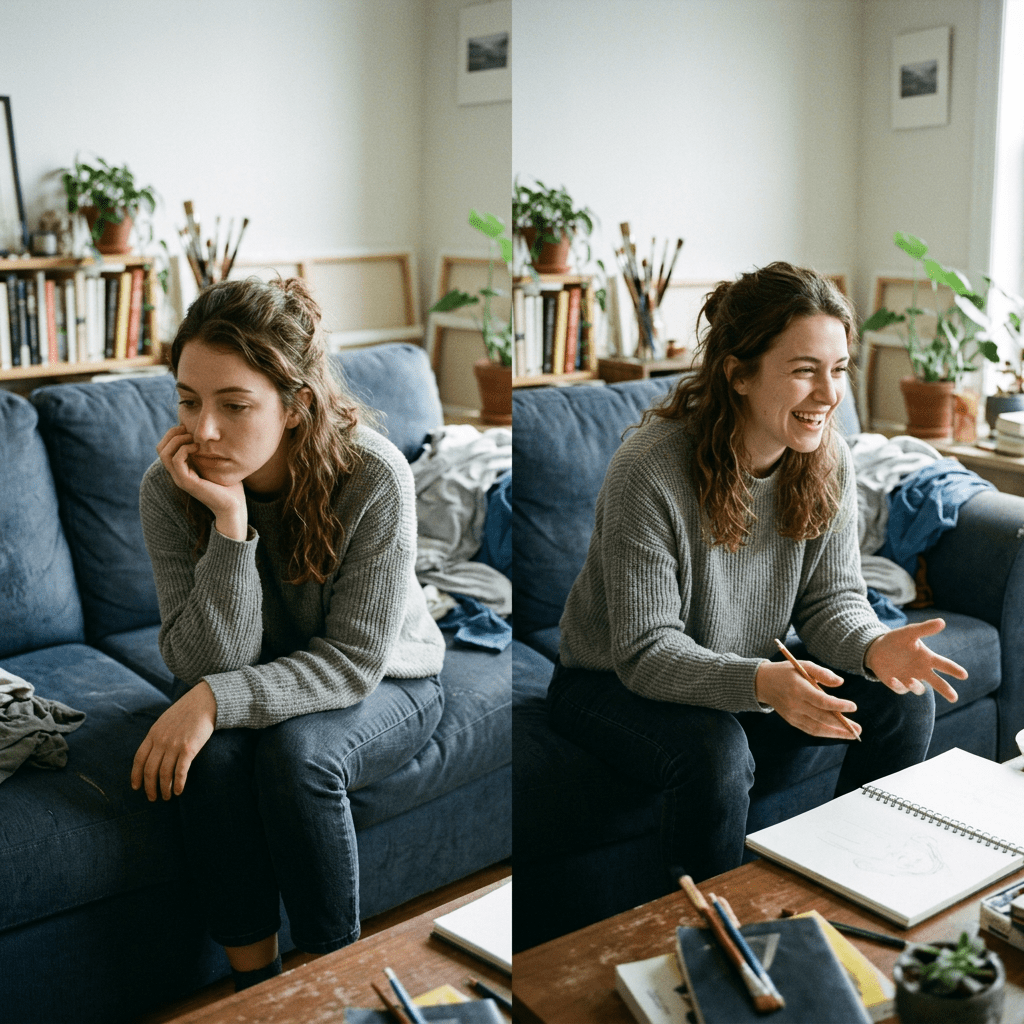 A woman sitting on a couch looking pensive in one frame and smiling while holding a pencil with a sketchpad in front of her in another.