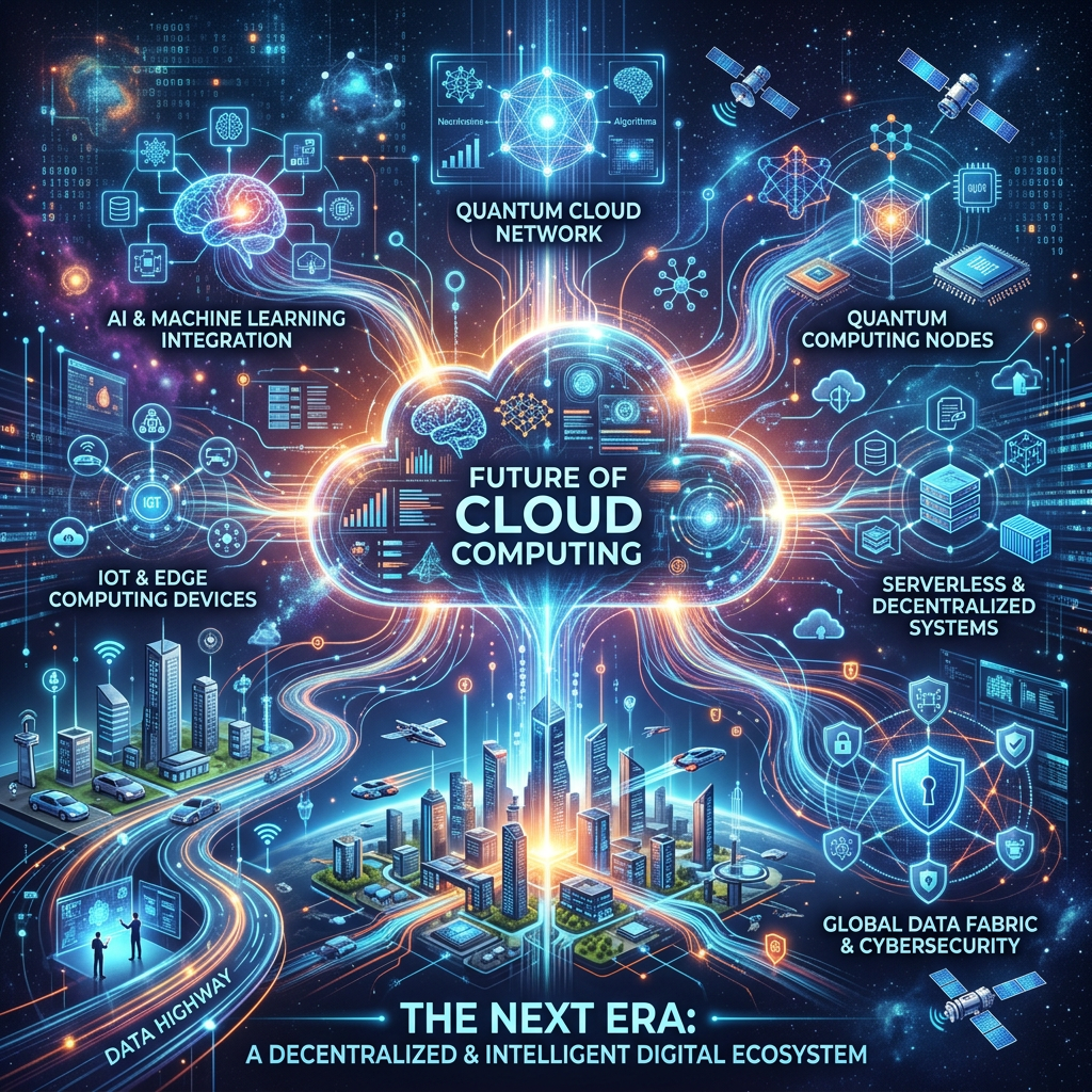 Conceptual infographic of future cloud computing with AI, quantum networks, IoT, and cybersecurity